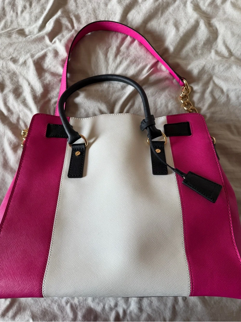Women's Pink and White Colorblock Satchel Tote